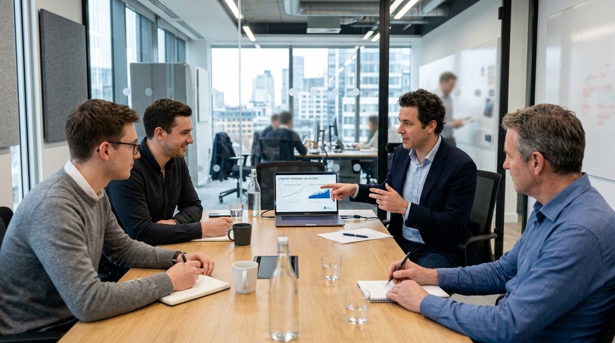 Consultant presenting a strategy on a laptop screen to a small team in a modern office.