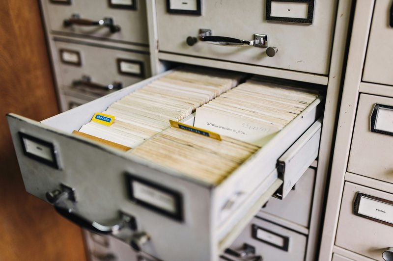 Index card drawers organized by category for content planning