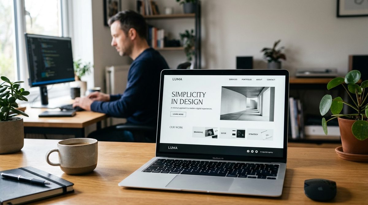Clean minimal website homepage on a laptop screen.