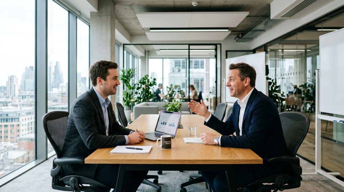 Two people talking across a table in a bright modern office.