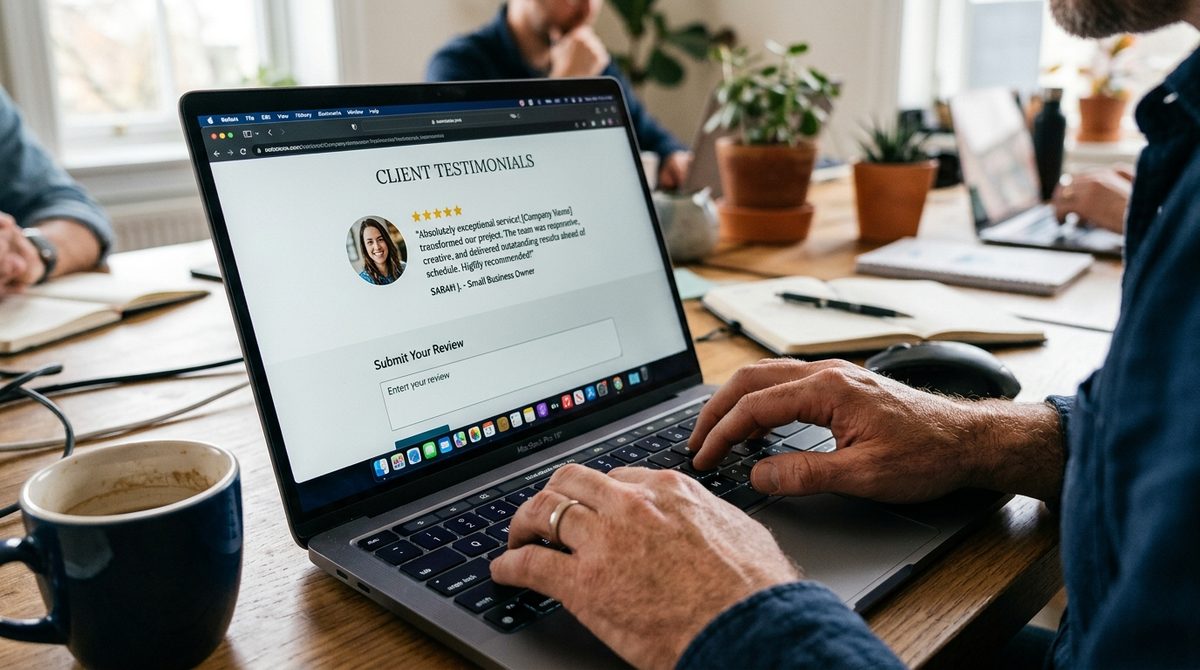 Client testimonial review on a laptop screen.